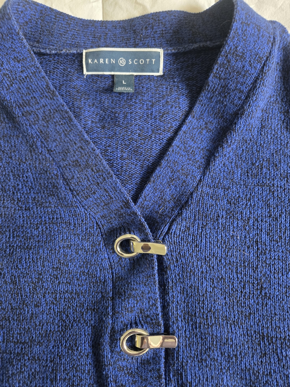 Karen Scott Royal Blue V-Neck Knit Cardigan with Silver Accents